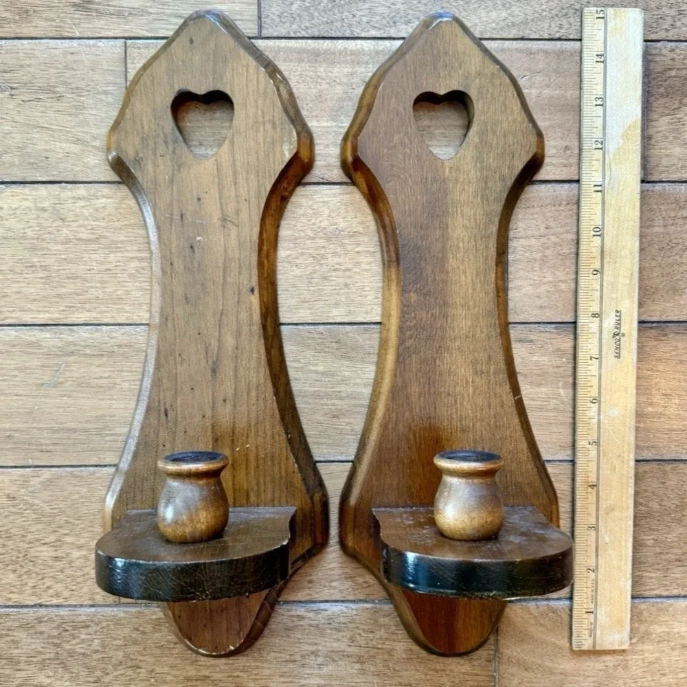 2pc VTG 60s MCM Wood Candlestick Heart Wall Sconce COUNTRY Cottage Core Farm